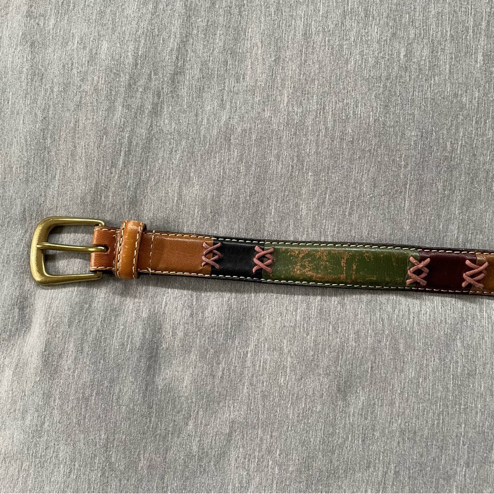 Vintage Multicolor Leather Belt with Solid Brass Buckle Belt Size Small